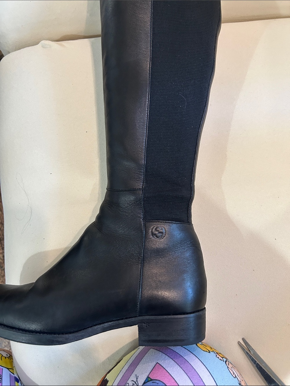 Gucci Black Leather Knee-High Logo Riding Boots